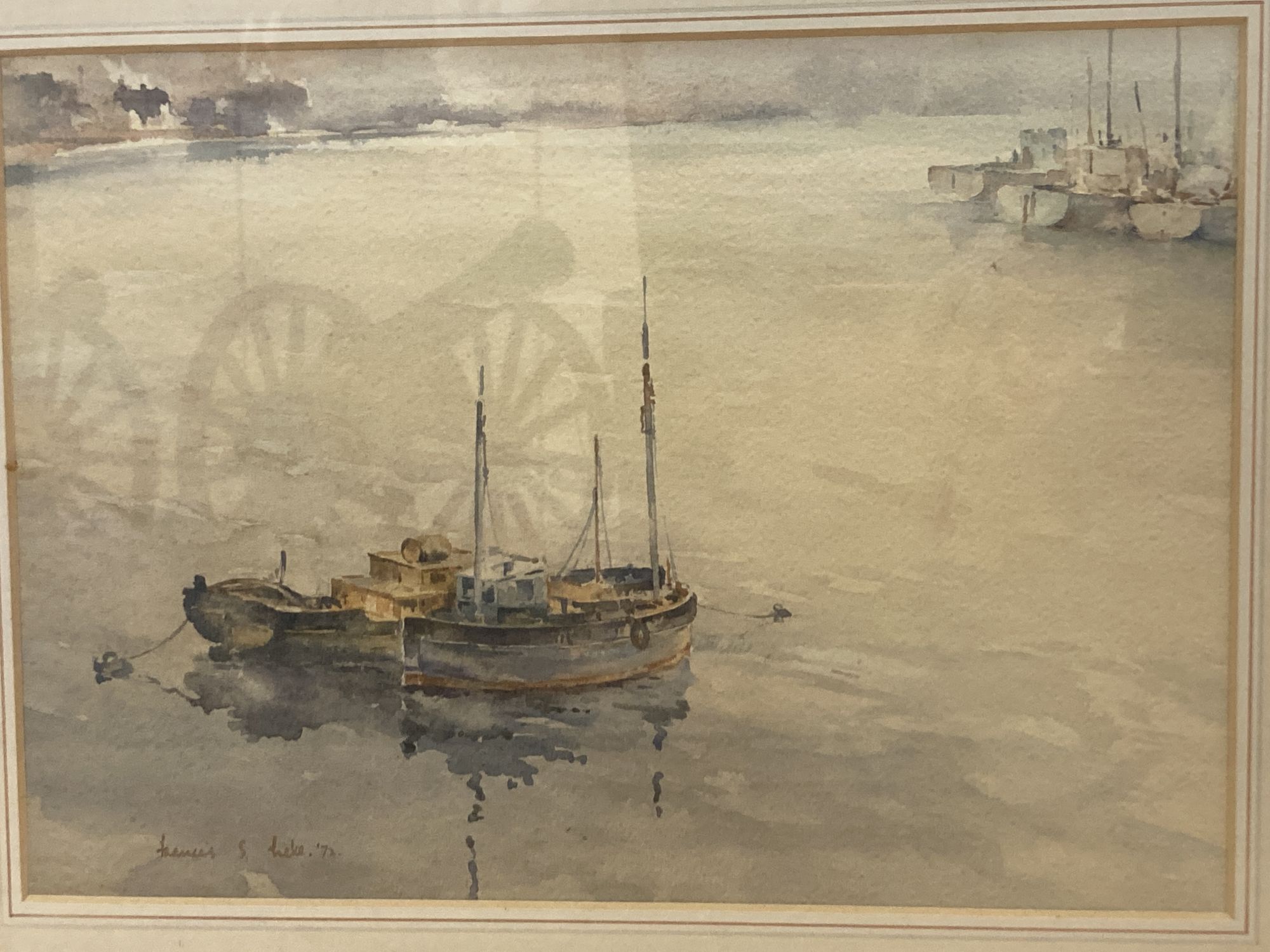 Francis S. Leke, watercolour, Fishing boats at anchor, signed and dated 72, 25 x 36cm, and a linocut by K. Ndzube